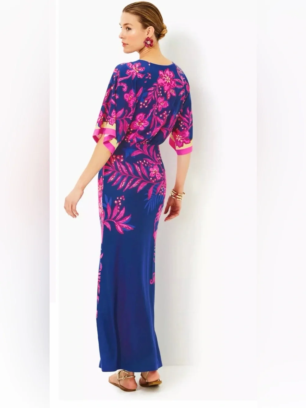 Lilly Pulitzer Blue Maxi Dress with Bright Pink Floral Print